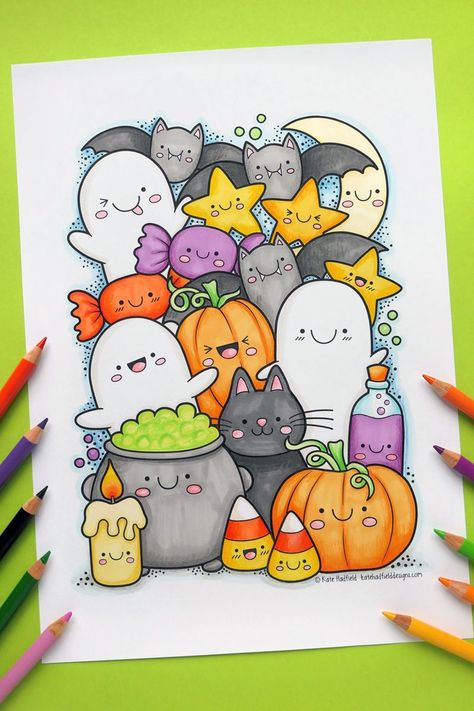 Download this fun colouring page and create your own Halloween kawaii doodle! This is a really fun coloring project for both kids and adults alike that would also make great handmade Halloween cards! Free download available from Kate Hadfield Designs. Halloween Colouring, Griffonnages Kawaii, Doddle Art, Cute Easy Doodles, Candles Diy, Colouring Page, Doodle Art Drawing, Diy Candle, Doodle Coloring