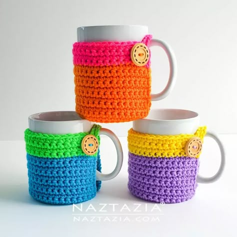 Crochet Mug Cozy - Naztazia ® Crochet Mug Cozy And Coaster, Crocheted Mug Cozies, Crochet Coffee Mug Cozy, Crochet Coffee Mug, Mug Cozy Pattern, Easy Gifts To Make, Coffee Mug Cozy, Crochet Mug Cozy, Crochet Mug