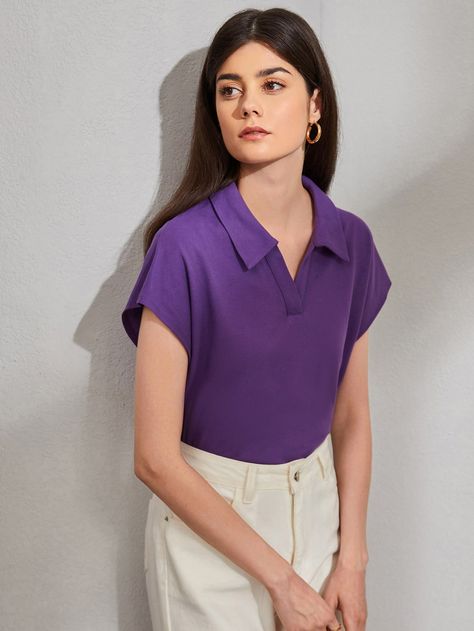 Violet Purple Casual  Short Sleeve Polyester Plain  Embellished Slight Stretch Summer Women Tops, Blouses & Tee Violet Tshirt Outfits, Purple Tee Outfit, Purple Shirt Outfit Women, Purple Tshirt Outfits, Purple Blouse Outfit, Purple Shirt Outfit, Styling Tops, Purple Shirt Outfits, Polo Shirt Outfit Women's