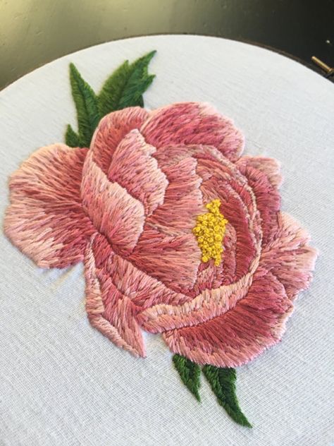 I was scared to start, but Im in love with this pretty pink peony! My favorite flower (and yours) has been lovingly needlepainted to adorn your walls and bring something bright and pretty into your life. This piece was hand embroidered with DMC cotton floss onto microbrushed Realistic Flower Embroidery, Peony Flower Embroidery, Peony Embroidery Pattern, Embroidery On Pink Fabric, Embroidered Peonies, Big Flower Embroidery, Brazilian Embroidery Patterns, Embroidered Peony, Embroidery Peony