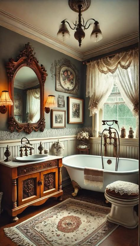 15+ Cute Bathroom Designs for a Stylish Update 20 Bathroom Decor Old Bathroom, Small Victorian Bathroom Ideas, Old English Bathroom, Victorian Restroom, Nancy Meyers Bathroom Aesthetic, Edwardian Bathroom Ideas, Victorian Farmhouse Bathroom, Vintage Bathroom Aesthetic, Victorian Style Room