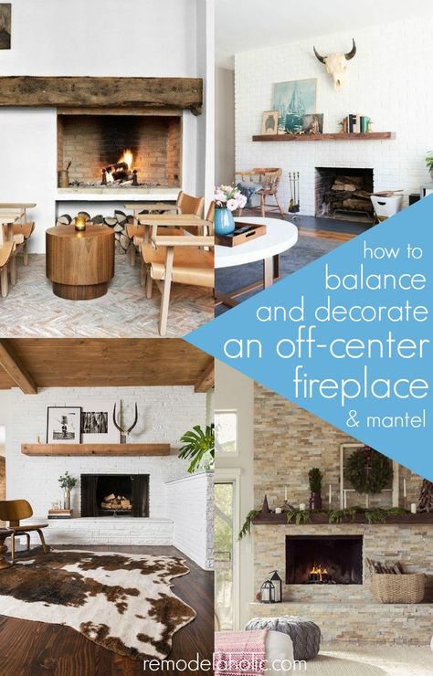 Learn how to balance and decorate an off-center fireplace & mantel. | Real Life Rooms: A Brick Fireplace Facelift Asymmetrical Fireplaces, Off Center Fireplace, Center Fireplace, Fireplace Modern Design, Tv Above Fireplace, Fireplaces Layout, Room With Fireplace, Fireplace Remodel, Fireplace Makeover