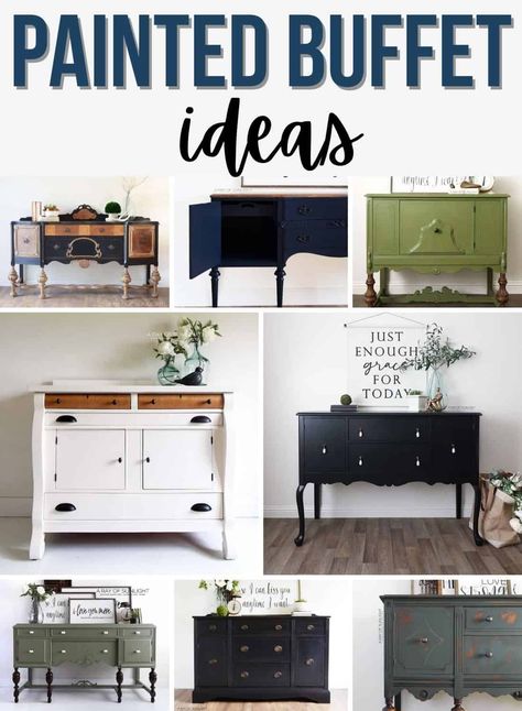 Buffet Table Painting Ideas, Diy Painted Buffet Ideas, Oak Sideboard Makeover, Painted Credenza Ideas, Refinished Buffet Cabinet, Refinish Buffet Cabinet, Paint Buffet Cabinet, Redone Buffet, Refurbished Buffet Cabinet