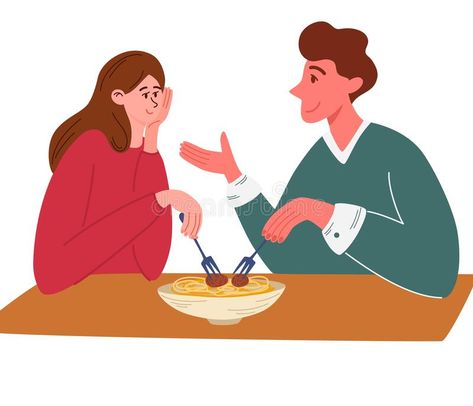 Couple Communication, Eating Illustration, Couple Cartoon Characters, Illustration Of Couple, Newlywed Game Questions, Couple Eating, Couple Smiling, Virginia Johnson, Eating Pasta