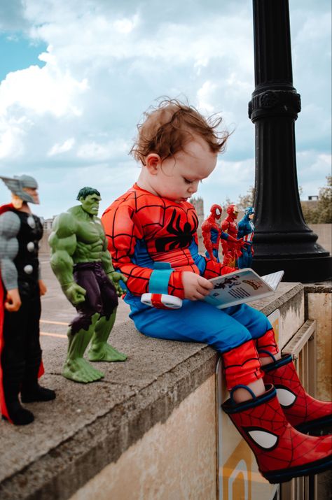 3rd Birthday Pictures, Superhero Photoshoot, Birthday Photoshoot Ideas Boys, 3rd Birthday Boys, Baby Milestones Pictures, Boy Photo Shoot, Spiderman Theme, Spiderman Birthday Party, Baby Photoshoot Boy