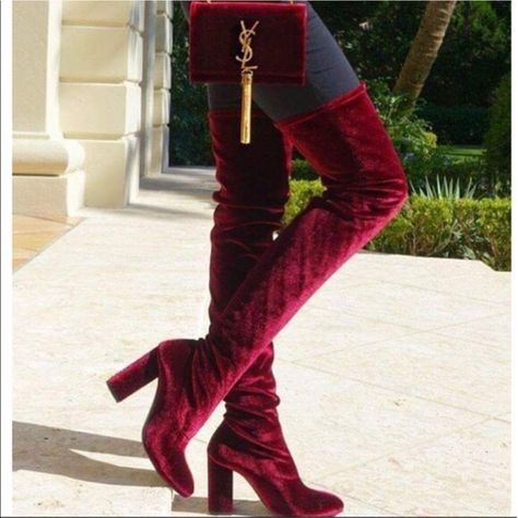 Burgundy Thigh High Boots, Velvet Thigh High Boots, Boots Chunky Heel, Chic Boots, Chunky Heel Boots, Fall Chic, Material Things, Boots Chunky, Knee High Heels