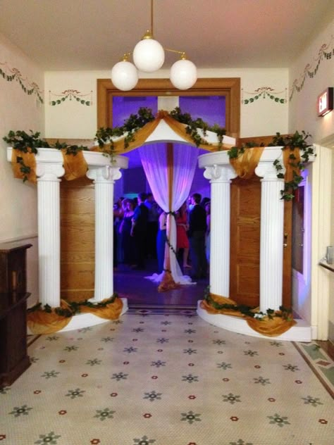 Column entry Prom Campaign, Greek Party Decorations, Greek Party Theme, Greece Party, Goddess Party, Prom Decorations, Toga Party, Greek Decor, Prom Themes