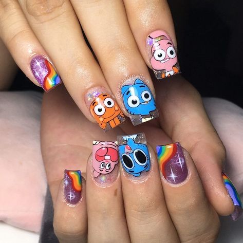 Cartoon Nail Designs, Cartoon Nails, Holloween Nails, Nail Tip Designs, Amazing World Of Gumball, Hard Nails, Long Nail Designs, Simple Gel Nails, Summery Nails