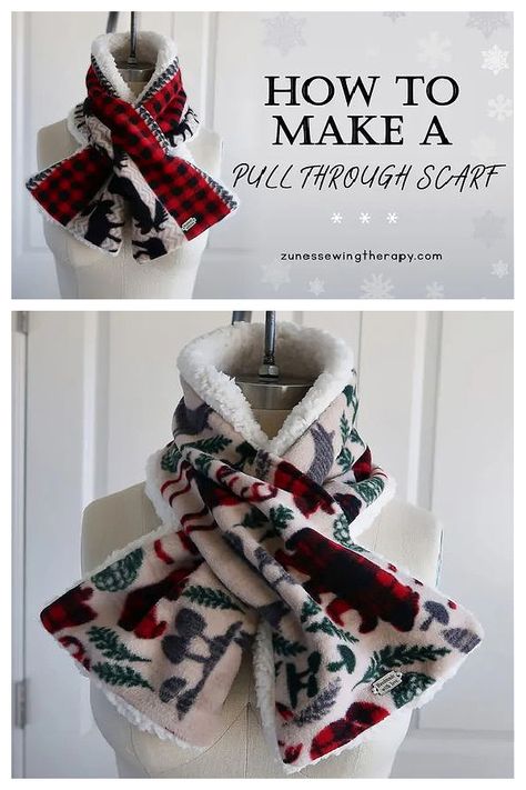 Fleece Dog Scarf Pattern, Scarf Slides Diy, Pull Through Scarf Pattern, Fleece Scarves Diy, Fleece Pull Through Scarf Pattern Free, Fleece Neck Warmer Pattern Sewing, Things To Make With Fleece Fabric, Sew Winter Clothes, Fabric Scarf Pattern