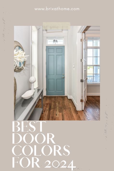 Looking for front door paint colors that make a lasting impression? Dive into our collection of trendy yet timeless shades. Your entryway will thank you! 🌟🚪 2024 Paint Color Trends #HomeExterior #FrontDoorInspiration Painted Sliding Doors, Trending Front Door Colors 2024, Copen Blue Sherwin Williams Front Door, Gray Siding Front Door Color, Front Door Colors For Tan Siding, Steel Blue Front Door, Front Door And Shutter Colors Ideas For White House, Entrance Door Colors Front Entry, Front Door Blue Colors