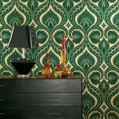 Osbourne&Little Wallpaper..."The damask is printed as a true flock in sumptuous colours and co-ordinating with selected colourways in DRYDEN DAMASK and DRYDEN VELVET.Osborne and Little's Dryden Wallpapers"  gorgeous green with off-white large allover print screaming with India's influence, but more subdued in just the one color Osborne And Little Wallpaper, Flock Wallpaper, Dark Green Wallpaper, Wallpaper Bathroom, Design Fails, Bold Wallpaper, Art Deco Wallpaper, Wallpaper Accent Wall, Inspirational Wallpapers