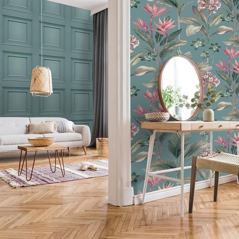 Belgravia Decor shared a post on Instagram: “💫 NEW Oliana Floral wallpaper and Oliana Panel wallpaper in SOFT TEAL 💫 Beautifully coordinated…” • Follow their account to see 225 posts. Teal 3d Wallpaper, Teal Wood, Panel Wallpaper, Wallpaper Soft, Estilo Tropical, Large Scale Floral, Teal Wallpaper, Tropical Wallpaper, Luxury Wallpaper