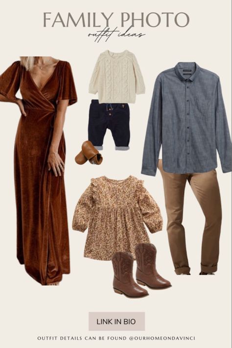 Muted Fall Family Pictures, Family October Pictures, Outfits For Tree Farm Photos, Velvet Dress Family Photoshoot, Autumn Family Photoshoot Outfits 2023, Fall Family Pictures Outfits Jewel Tones, Neautral Clothing Photoshoot Family, Brown Complimentary Colors Clothes, Rust Color Family Photos