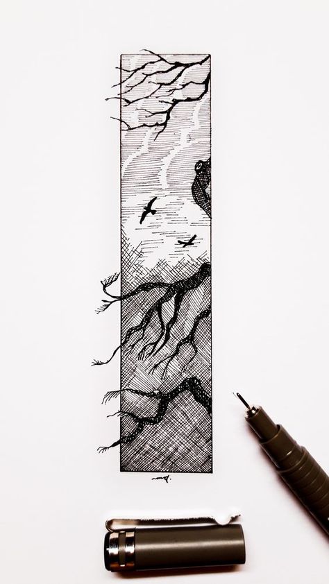 44 Intricate black ink landscape drawing with birds on a branch, beside an open black pen and a pen cap on a white background. | Sky Rye Design Liner Art Drawing, Black Pen Sketches, Inking Art, Black Pen Drawing, Ink Landscape, Background Sky, Fineliner Art, Pen Art Work, Birds On A Branch