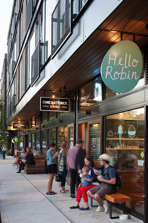 19th & Mercer, Seattle (way to increase use of an alley) Storefront Signage, Retail Facade, Retail Architecture, Urban Housing, Retail Signage, Storefront Design, Commercial Street, Mix Use Building, Norman Foster