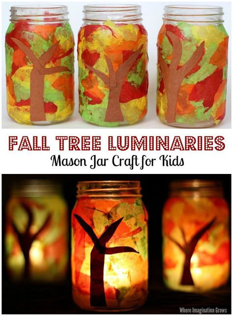 Mason Jar Fall Luminaries Craft for Kids! Fun Fall Tree Preschool Activity! Fall Luminaries, Fall Mason Jar Crafts, Fall Jars, Mason Jar Craft, Candle Holder Crafts, Mason Jar Luminaries, Fall Mason Jars, Mason Jar Projects, Fall Arts And Crafts