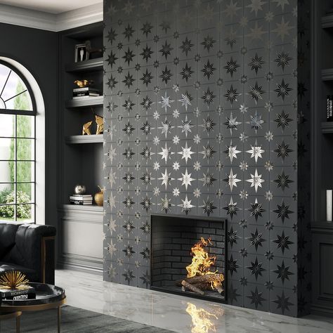 Offering a 3D look, our Stella Luxe Midnight Porcelain Floor and Wall Tile features a mixed textured finish, making it a great choice for your space. Mantle Tile Ideas, Textured Tile For Fireplace, Rock Wall Accent Wall, Black Walls Vaulted Ceiling, Tiled Accent Wall Living Room, Star Tile Fireplace, Black Wood Panel Fireplace Wall, Wallpapered Fireplace Wall, Stick On Tiles Fireplace