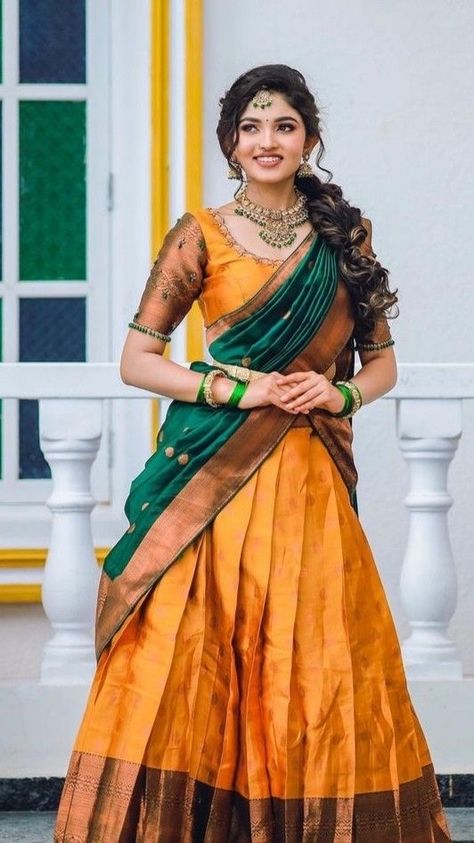 Telugu Traditional Dress, Rainy Photoshoot, Marriage Preparation, Telugu Culture, Langa Blouse, Half Saree Function, Simple Lehenga, Lehenga Saree Design, Simple Saree Designs