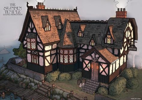 ArtStation - Guildhall Tavern - Exterior, Fion Lim Fantasy Inn, Casa Fantasy, Fantasy Town, Minecraft Medieval, Casas The Sims 4, Medieval Houses, Building Concept, Minecraft Architecture, Big House