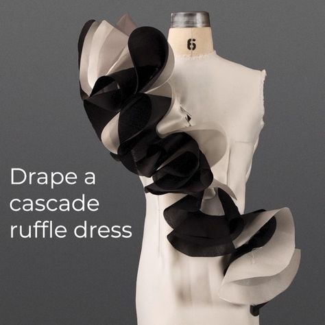 Learn how to drape a a Cascade Ruffle Dress Draping Dress Pattern, Drape Skirt Pattern, Drape Dress Pattern, Ruffled Dress Pattern, Dress Draping, Draping Dress, Draping Techniques, Projek Menjahit, Pattern Draping