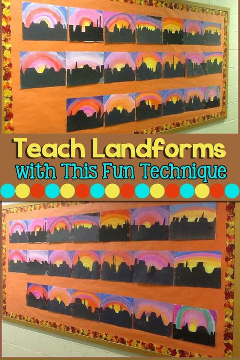 Learn how to make a beautiful art display for southwest landforms. Your students will love this United States project. #activities #4thgrade #socialstudies Landforms Activities, Social Studies For Kids, Upper Elementary Art, 4th Grade Social Studies, Southwest Region, 2nd Grade Art, 4th Grade Art, Social Studies Elementary, Social Studies Activities