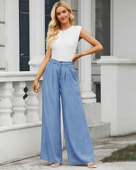 Women's High-Waisted Wide Leg Tencel Pants with Elastic Back Flowy Trousers, Jeans Palazzo, Tencel Pants, Wide Leg Palazzo Pants, High Waisted Jeans, Palazzo Pants, Denim Pants, Summer Beach, Leg Pants