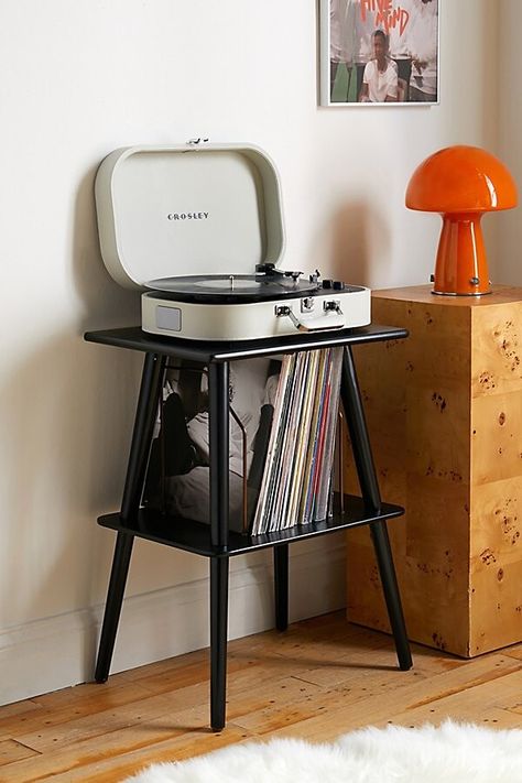 Record Player Storage, Record Player Setup, Modern Record Player, Record Player Table, Vinyl Record Display, Cube Storage Shelves, Woven Dining Chairs, Record Player Stand, Metal Bookshelf