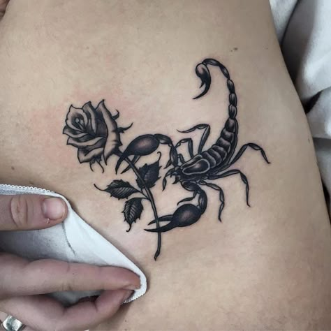 Scorpion and rose by Al Pomeroy #AlPomeroy #oldschool #traditional #blackandgrey #scorpion #rose #animal #nature #flower #leaves #tattoooftheday | Dec 2nd 2017 | 441166 Infected Tattoo, 16 Tattoo, Bauch Tattoos, Scorpio Tattoo, Scorpion Tattoo, Zodiac Tattoos, Lip Tattoos, Arrow Tattoos, Dope Tattoos