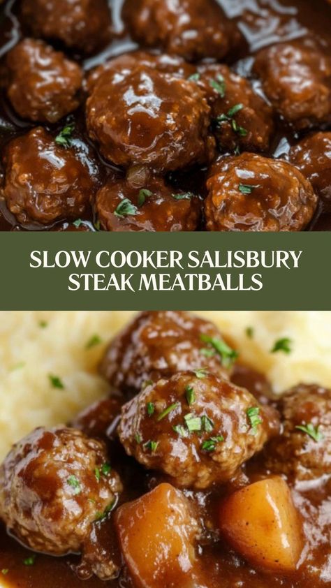 Hearty, comforting, and oh-so-tender! These Slow Cooker Salisbury Steak Meatballs are the ultimate family meal for cozy nights in. 🍲❤️ #SlowCookerMagic #SalisburySteakLove #MeatballHeaven #ComfortFoodVibes #EasyDinnerFix #FamilyMealFave #TenderAndJuicy #HomeCookedGoodness #CozyEats #WeeknightSavior Meatball Recipes Crockpot, Salisbury Steak Meatballs, Slow Cooker Steak, Slow Cooker Salisbury Steak, American Dinner, Simple Family Meals, Salisbury Steak Recipes, Easy Steak Recipes, Beef Patties