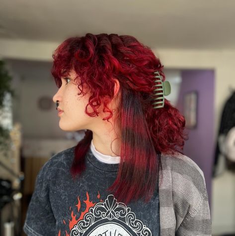 Super fun red curly hair with a straight raccoon stripe!!!! Absolutely love bringing your visions come to life , this sort of hair heals my inner child so much 💗💗 tags: #nottingham #nottinghamhairdresser #nottinghamhairstylist #nottinghamtrentuniversity #uniofnottingham #wolfcuts #shaggycuts #shullets #mulletsofinstagram #blondespecialist #livedinblondes #emohairnottingham #emohaircut #redhair Curly Striped Hair, Raccoon Tails Curly Hair, Racoon Tail Hair Curly, Raccoon Tails Hair, Raccoon Stripes Hair, Racoon Stripes Hair, Racoon Tail Hair, Raccoon Tail Hair, Raccoon Hair