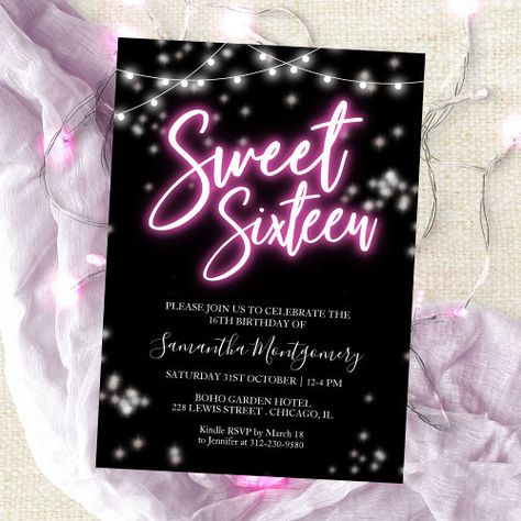 Sweet 16 Birthday Hot Pink Neon Glow Dark Party Invitation #zazzle #weddinginvitations #birthdayinvitations #babyshowerinvitations #zazzleinvitations #monogram #businesscards #graduation #homedecor Neon Themed Party, Birthday Calligraphy, Hot Pink Birthday, Sweet 16 Party Invitations, 16 Invitations, Diy Birthday Invitations, Neon Birthday, Glow Birthday, Neon Rose