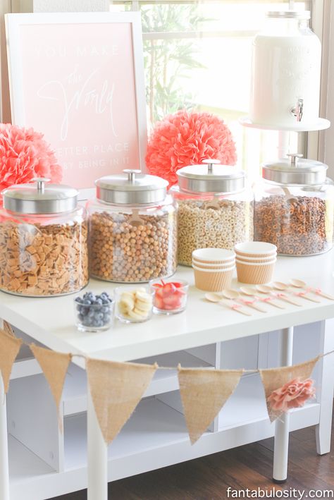 Cereal Bar Ideas: Brunch shower, bridal shower, mother's day, baby shower breakfast party Cereal Bar Ideas, Cereal Bars Party, Breakfast Party Decorations, First Birthday Brunch, Bridal Brunch Food, Breakfast Brunch Party, Graduation Brunch, Kids Brunch, Kids Bridal