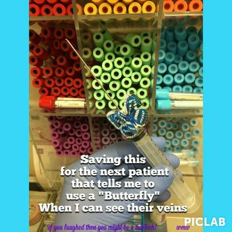 Phlebotomy butterfly humor Laboratory Humor, Phlebotomy Humor, Phlebotomy Study, Medical Assistant Humor, Funny Labs, Lab Humor, Med Lab, Medical Jokes, Medical Memes