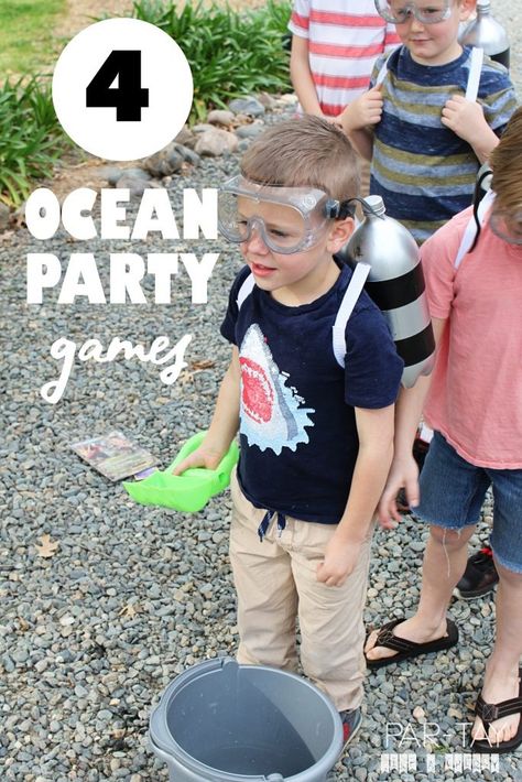 Try this four games at your under the sea birthday party: excavate a sea creature, rescue the ocean animals, shark tag, and sea creature crafting. Follow for more party game ideas. Under The Sea Party Games, Sea Themed Birthday Party, Ocean Party Favors, Dolphin Birthday Parties, Ocean Games, Dolphin Party, Underwater Party, Save The Sea Turtles, Ocean Birthday Party