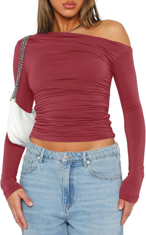 Darong Women's Casual Long Sleeve Boat Neck Off Shoulder Slim Fit Crop Top Going Out Blouses Y2K Tight Shirts at Amazon Women’s Clothing store Going Out Crop Tops, Slim Fit Crop Top, Neckline Designs, Flannel Women, Womens Tops Summer, Trendy Clothes For Women, Crop Blouse, Amazon Women, Crop Shirt