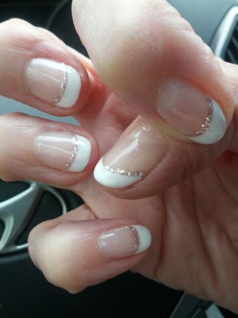 Wedding Nails For Bride Gel French Tips Silver Glitter, French Manicure Silver Line, Silver French Manicure Nails, French Manicure With Silver Line, French Tip Nails With Silver Line, French Tip With Silver Line, Reception Nails, French Tip Nails With Silver, Erika Nails