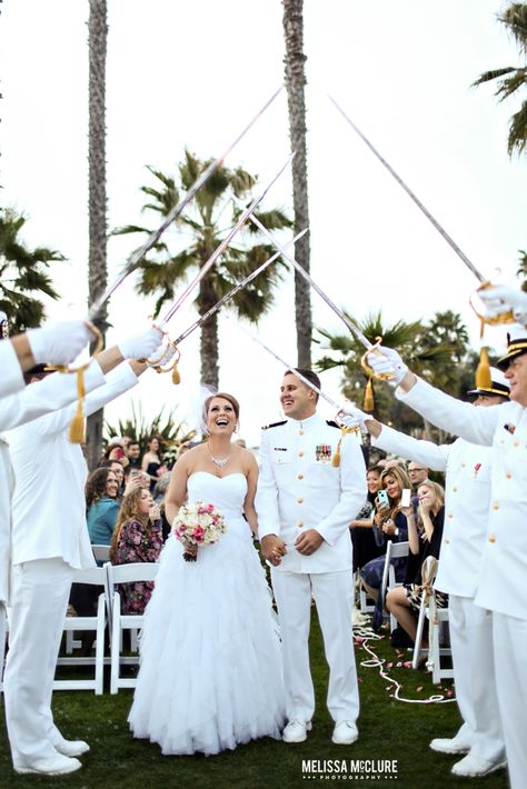 A military - Navy - sword arch at your wedding! Paradise Point Wedding Photos Navy Military Weddings, Military Wedding Ideas, Military Wedding Army, Coast Guard Wedding, Military Wedding Photos, Military Wedding Marine, The Office Wedding, Military Wedding Photography, Military Weddings