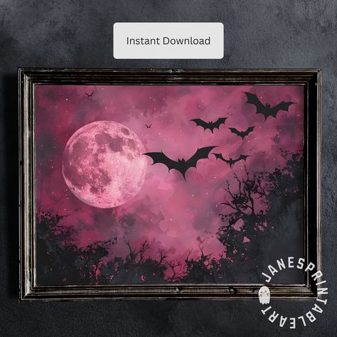 This picture is a mesmerizing artwork that captures the haunting beauty of a vibrant pink moon illuminating a shadowy landscape. Silhouettes of bats soar against the backdrop of this luminescent celestial body, adding a dynamic and slightly eerie touch to the scene. The rich, deep shades of pink and magenta create a dramatic and almost otherworldly atmosphere, while the dark outlines of twisted trees and scattered foliage ground the composition in the mysterious nocturnal world. This piece evokes the enchantment and mystique of a night alive with unseen wonders, making it a captivating addition to any space that cherishes the magical and the mystical. Welcome and Thank You for Visiting! What Is This? Discover the beauty of high-quality digital art, ready to effortlessly enhance your space. Pink Ghost Painting, Halloween Art Painting, Spooky Painting Ideas, Halloween Art Ideas, Halloween Bild, Bat Painting, Forest Landscape Painting, Spooky Forest, Haunting Beauty