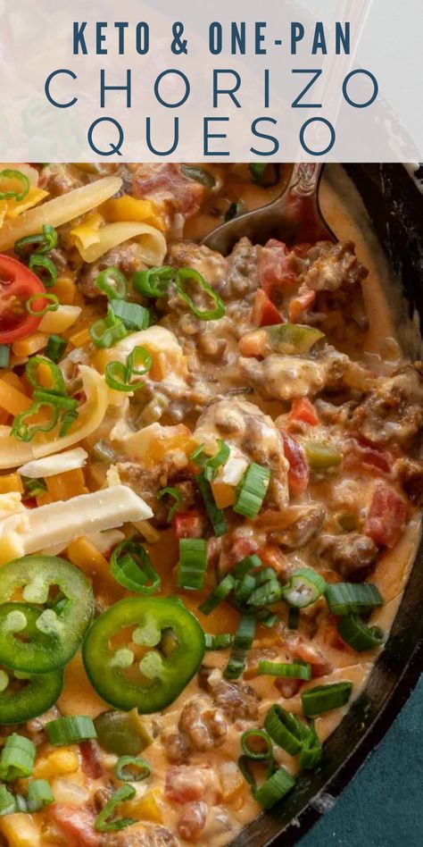 This easy Chorizo Queso Skillet is loaded with vegetables, meat, and cheese! This dish requires just one pan and is ready in less than 20 minutes! Chorizo Recipes Dinner, Chorizo Queso, Chorizo Recipes, Keto Recipes Dinner, Appetizer Dips, Keto Snacks, Meal Ideas, Side Dish Recipes, Appetizer Snacks