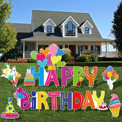 Amazon.com : URATOT 10 Pieces Happy Birthday Lawn Yard Signs with Stakes Colorful Outdoor Birthday Sign Corrugated Plastic Signs with Letters, Party Hat, Hearts, Fireworks, Balloons, Ice Cream : Patio, Lawn & Garden Cream Patio, Corrugated Plastic Signs, Happy Birthday Yard Signs, Paper Party Decorations, Birthday Yard Signs, Decorative Garden Stakes, Outdoor Birthday, Lawn Art, Happy Birthday Lettering