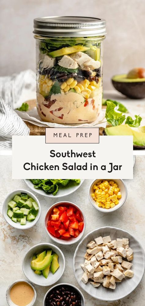 Chicken Salad In A Jar, Superfood Salads, Easy Homemade Salad, Mason Jar Meal Prep, Meal Prep Salad, Prep Salad, Crunchy Veggies, Southwest Chicken Salad, Salad Jar Recipe