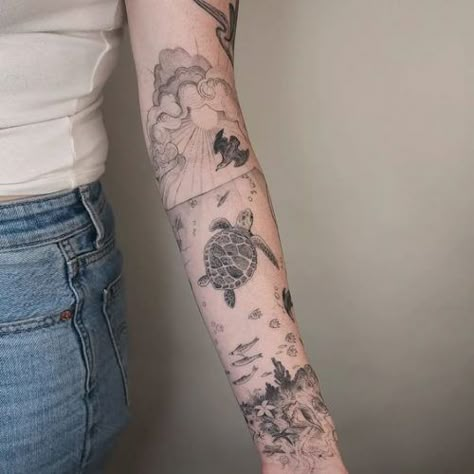 15 Ocean Tattoos Sleeve for Women Ideas 2024: Dive into Stunning Sea-Inspired Ink! Ocean Inspired Sleeve Tattoo, Ocean Tattoo Ideas For Women, Ocean Tattoos Sleeve, Sea Sleeve Tattoo, Ocean Leg Sleeve Tattoo, Diving Tattoo, Ocean Themed Tattoos For Women, Ocean Themed Tattoos, Sea Tattoo Sleeve