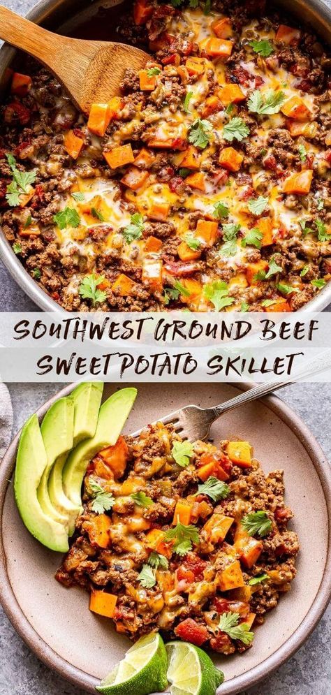 Southwest Ground Beef, Beef And Sweet Potato Skillet, Beef And Sweet Potato, Sweet Potato Skillet Recipes, Potato Skillet, Shepards Pie, Sweet Potato Skillet, Recipe Vegetarian, Health Dinner