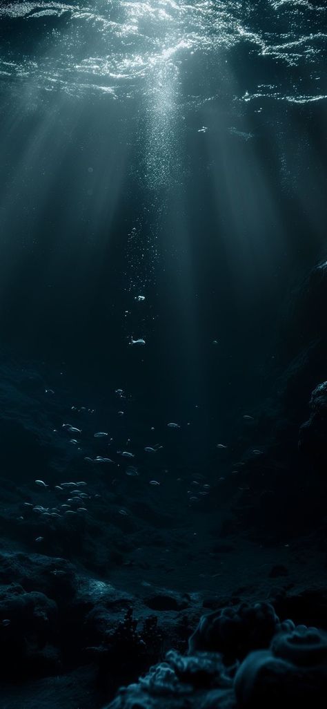 Inside Ocean Wallpaper, Dark Foggy Aesthetic Wallpaper, Breathing Underwater Aesthetic, Dark Nautical Aesthetic Wallpaper, Dark Waters Aesthetic, Ocean Blue Wallpaper Aesthetic, Ocean Deep Aesthetic, Underwater Dark Aesthetic, Water At Night Aesthetic