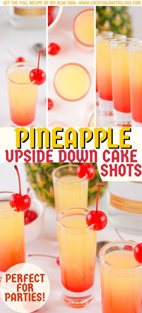 Pineapple Upside Down Cake Shot Recipe Pineapple Upside Down Cake Drink Recipe, Pineapple Upside Down Cake Shot Recipe, Pineapple Upside Down Cake Drink, Pineapple Upside Down Shot, Pineapple Upside Down Cake Shot, Pineapple Shots, Fruity Shots, Delicious Shots, Easy Shot Recipes