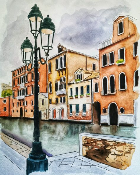 Italian Watercolor Painting, Urban Watercolor Paintings, Watercolor Art Architecture, Venice Drawing, Architecture Watercolor, Old Pages, Old Architecture, Drawing Scenery, Realistic Illustration