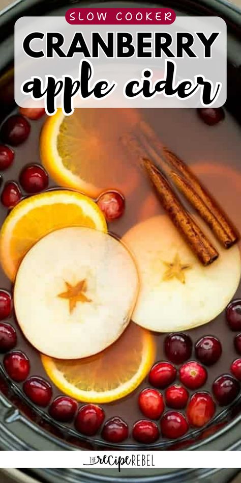 A Thanksgiving recipe in the crockpot! This simple fall drink is perfect for your get-together. With a perfect combo of flavors, this Slow Cooker Cranberry Apple Cider will keep you warm and cozy! Homemade Cider Crockpot, Slow Cooker Cranberry Apple Cider, Apple Cider Crock Pot Recipe, Slow Cooker Hot Apple Cider Recipe, Hot Fall Drinks Crockpot, Cranberry Apple Cider Cocktail, Apple Cider Recipe Homemade Slow Cooker, Crockpot Apple Cider Easy, Homemade Apple Cider Crockpot