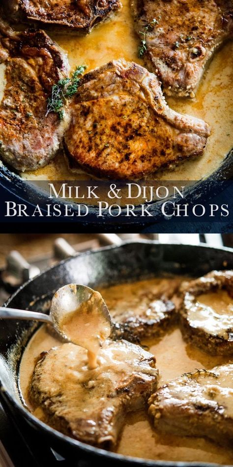 Juicy tender and best braised pork chops recipe! These braised pork chops in milk and dijon mustard sauce are quick, easy and delicious. Amazing recipe pork Pork Chop Recipes Easy, Skillet Pork Chop Recipes, Braised Pork Chops, Dijon Mustard Sauce, Milk Chicken, Boneless Pork Loin Chops, Mustard Pork Chops, Creamy Mustard Sauce, Easy Pork Chops