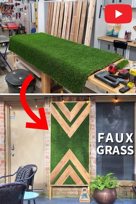 Artificial Grass Art, Faux Green Wall Outdoor, Plastic Grass Wall Ideas, Grass Wall Patio, Astroturf Wall, Grass Wall Interior, Green Grass Wall Decor, Green Wall Diy, Outdoor Accent Wall