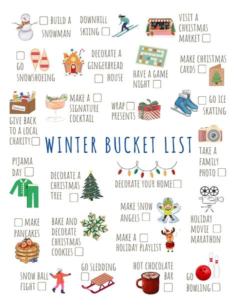 "This INSTANT DOWNLOAD Printable Winter Bucket List allows you to check off 24 different great way to celebrate Winter! All you need to do is simply download and print as many copies as you would like! *INCLUDED*  - 8.5x11 PDF After Purchase: -Once you have purchased this item you will instantly have access to the Etsy download page and you will also receive a download link in your email. -Click \"download\" and save the file to your computer. -You can also follow this link: https://www.etsy.com/your/purchases and then to the right of your order, click to \"Download Files\" -Simply print your file at home and you are ready to go INSTANT DIGITAL DOWNLOAD (no physical print will be mailed to you) You will receive an e-mail from Etsy with your downloadable PDF link after your payment is confi Christmas Time Bucket List, Winter Date Bucket List, Fall/winter Bucket List, Winter List Things To Do, Cute Winter Activities, Winter Todo List, Stuff To Do In Winter, Winter Movie List, Winter Bucketlist Ideas